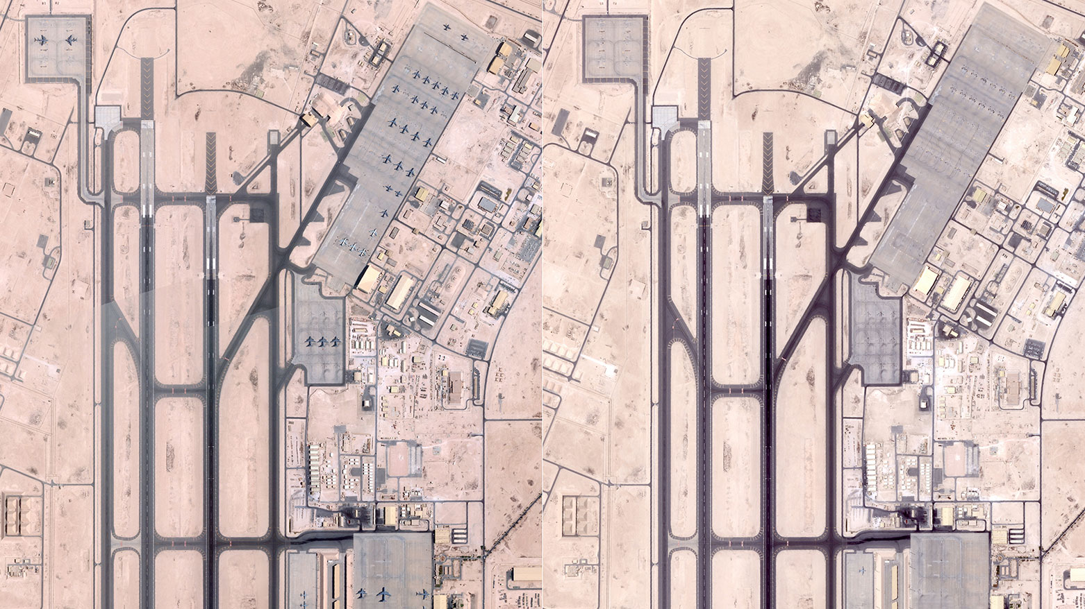 A photo taken on June 5, (L) shows military planes at the US military base of Al-Udeid in Qatar, and a photo taken June 19, (R) showing no more planes at the US military base of Al-Udeid in Qatar, one of the main US bases in the region. (Photo: AFP)