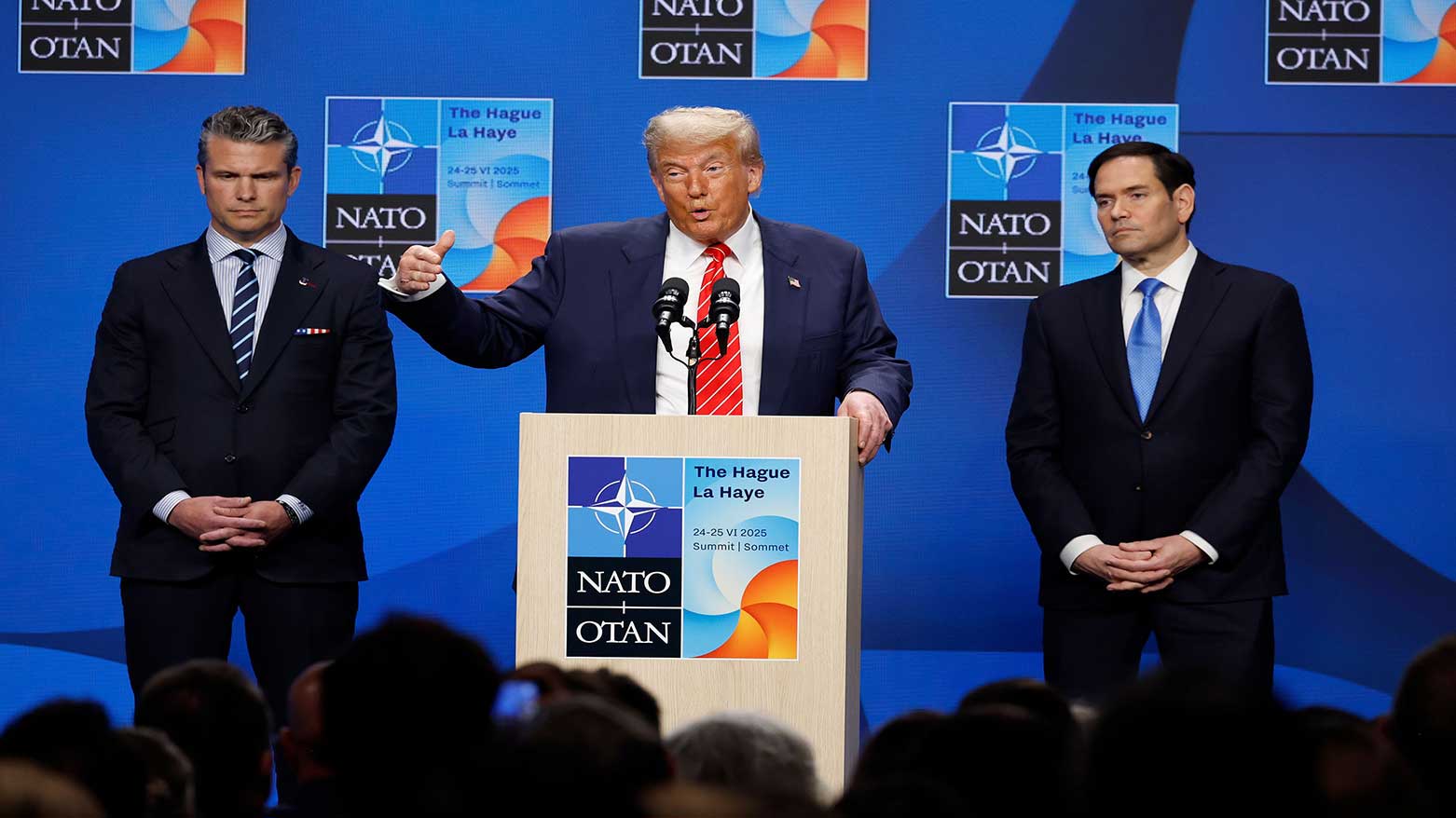 US President Donald Trump (C) speaks flanked by US Defense Secretary Pete Hegseth (L) and US Secretary of State Marco Rubio (R) at a press conference during the NATO summit in The Hague on Jun. 25, 2025. (Photo: AFP)