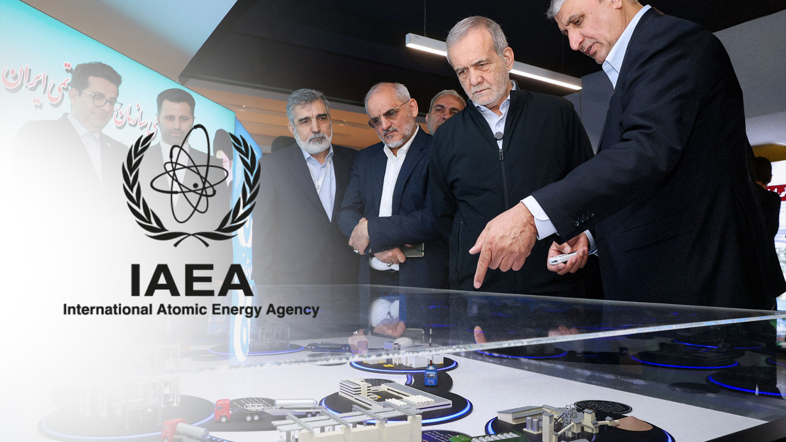 IAEA logo and Iranian President Masoud Pezeshkian (2nd R) and the Atomic Energy Organisation of Iran (AEOI) chief Mohammad Eslami (R) during the "National Day of Nuclear Technology", in Tehran, on Apr. 9, 2025. (Graphic: Designed by Kurdistan24)
