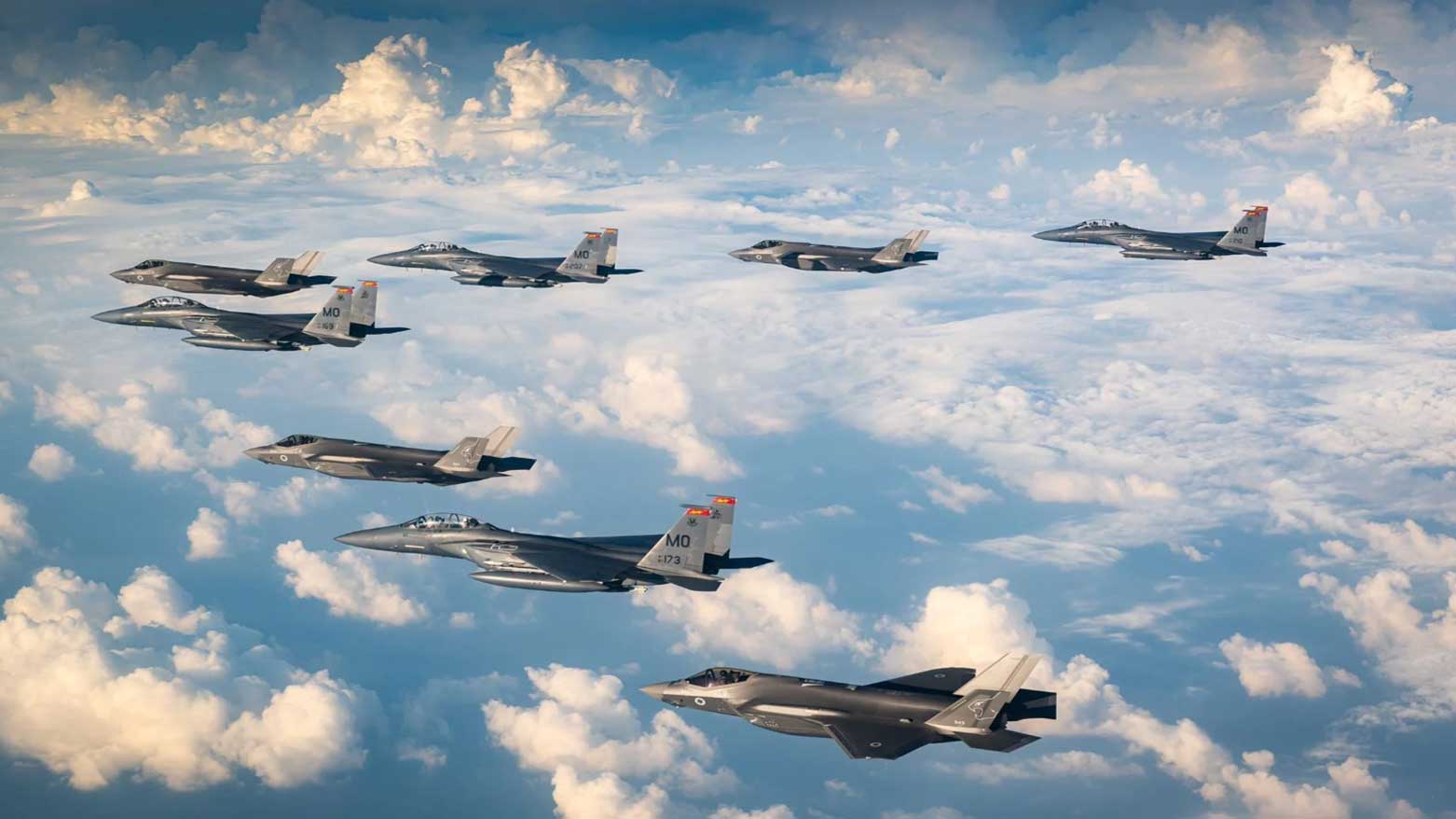 This image shows a formation of Israeli F-15 fighter jets flying through the sky. (Photo: IDF)