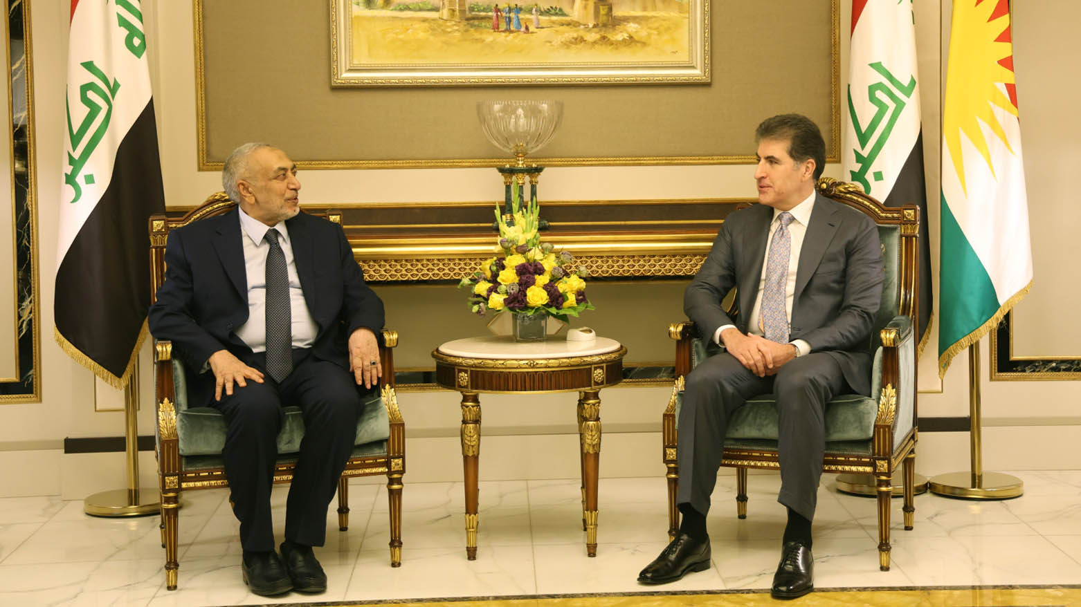 Kurdistan Region President Nechirvan Barzani (right) during his meeting with Iraqi Parliament Speaker Mahmoud al‑Mashhadani, July 6, 2025. (Photo: Kurdistan Region Presidency)