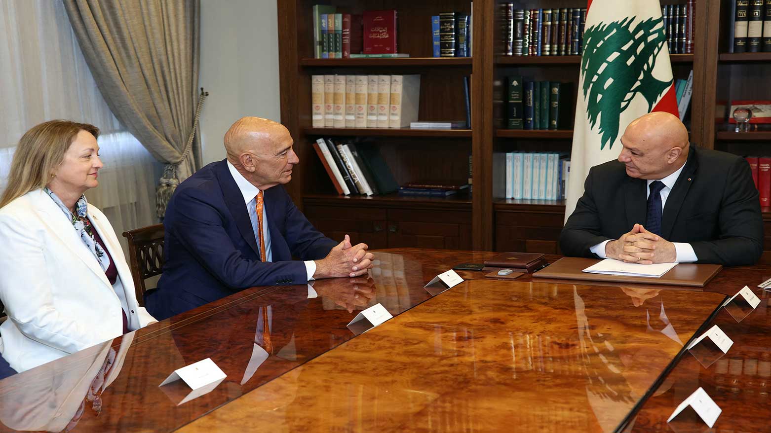 Lebanon's President Joseph Aoun, (R), meeting with US envoy Thomas Barrack, (C), at the presidential palace of Baabda east of Beirut, Lebanon, July 7, 2025. (Photo: AFP)