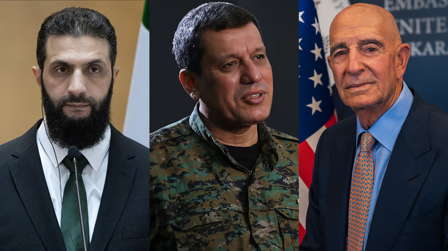 L-R: Syria's President Ahmed al-Sharaa, SDF Commander Mazloum Abdi, and U.S. Special Envoy for Syria Tom Barrack. (Photo: Syrian Media)