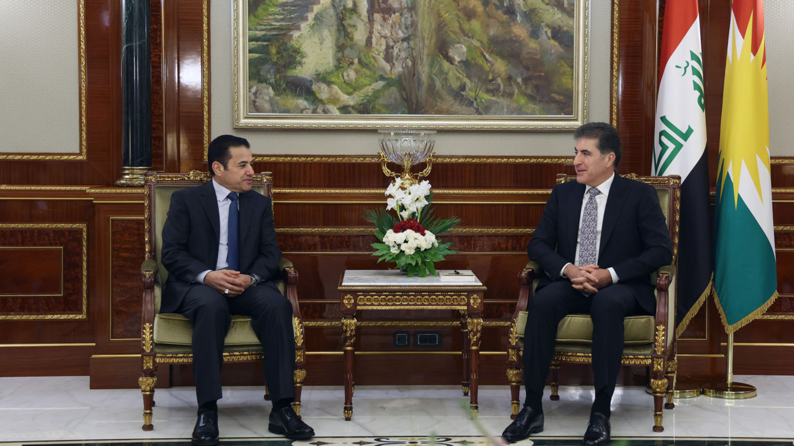 Kurdistan Region President Nechirvan Barzani (right) during his meeting with Iraq’s National Security Advisor Qasim al-Araji, July 9, 2025. (Photo: Kurdistan Region Presidency)