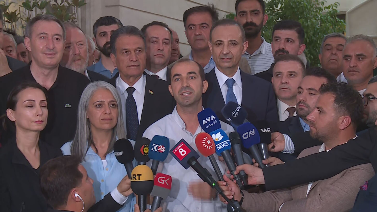 Keskin Bayındır, co-chair of Turkey’s Democratic Regions Party (DBP), speaking at the presser, July 10, 2025. (Photo: Kurdistan24)