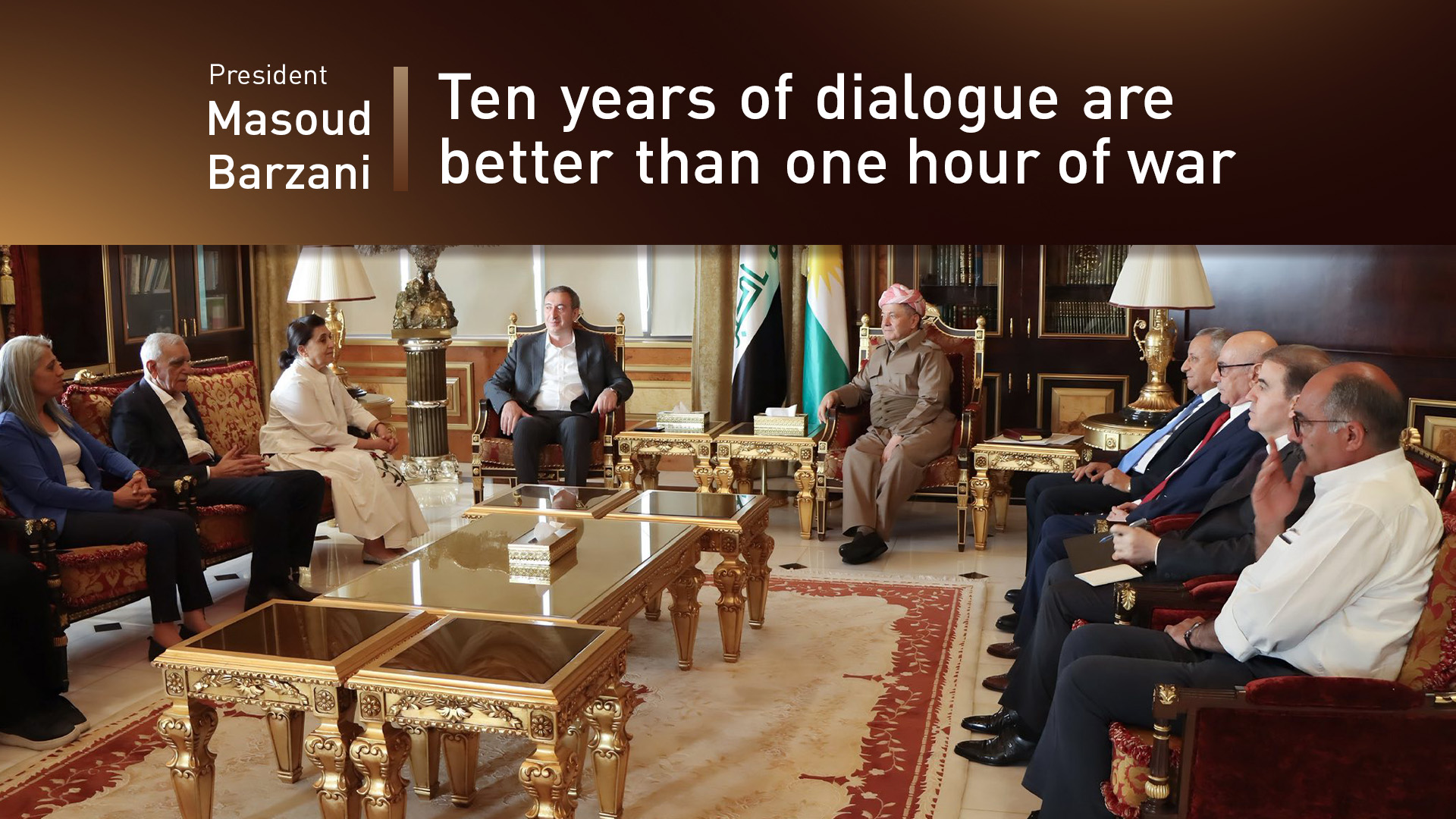 A picture showing the meeting between President Masoud Barzani and DEM Party's Delegation in Salahaddin, Kurdistan Region, Jul. 11, 2025. (Graphic: Designed by Kurdistan24))