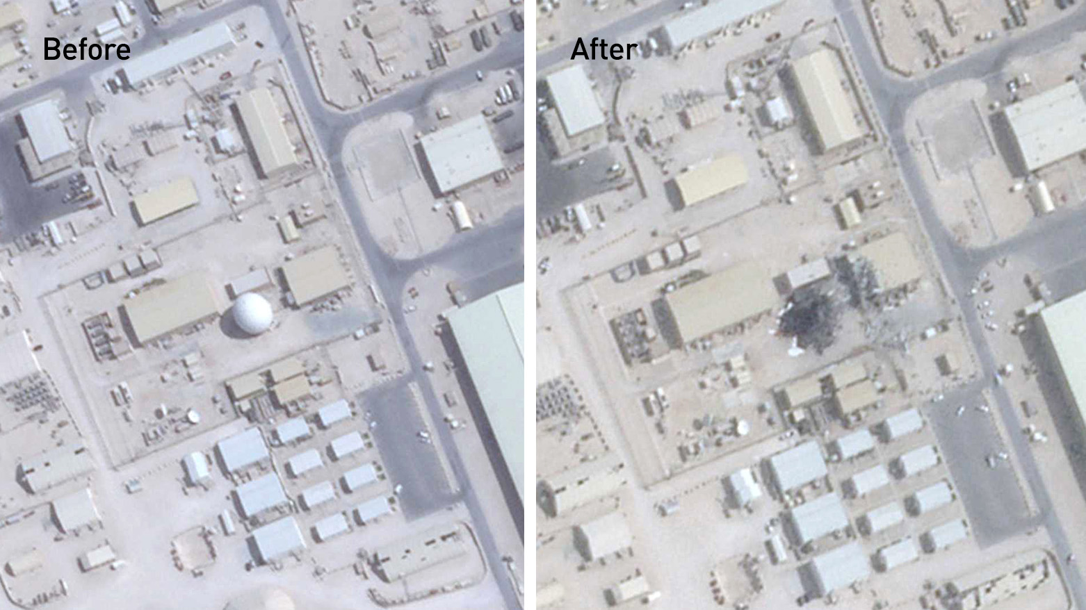 Before and after satellite image from Planet Labs PBC shows modernized enterprise terminal, center, at the Al Udeid Air Base outside of Doha, Qatar, Jun. 23, 2025. (Photo: Planet Labs PBC via AP)