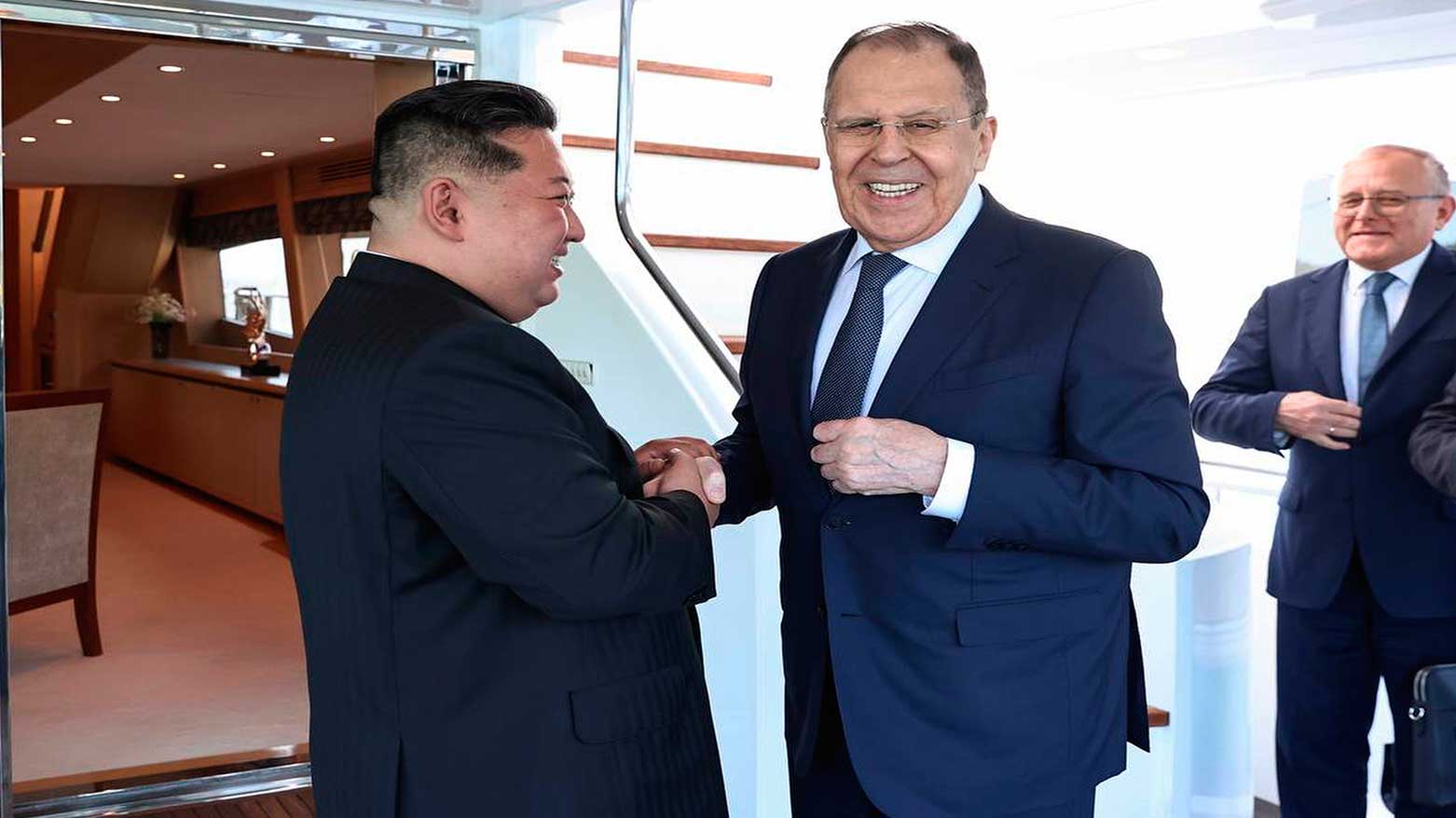 North Korea's leader Kim Jong Un, (L), receives Russia's FM Sergey Lavrov, in North Korea, July 12, 2025. (Photo: AP)