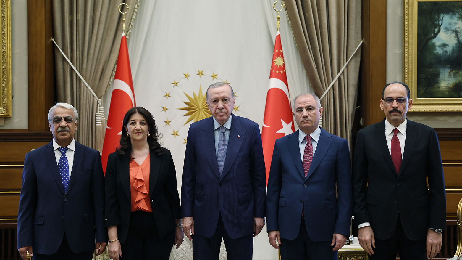 Turkey's President Erdogan (C) meets with pro-Kurdish DEM party MPs Buldan (L) and Sancar, intelligence chief Kalin (R), and AK Party's Ala (2nd R) at the Presidential Complex in Ankara, July 7, 2025. (Photo: AFP)