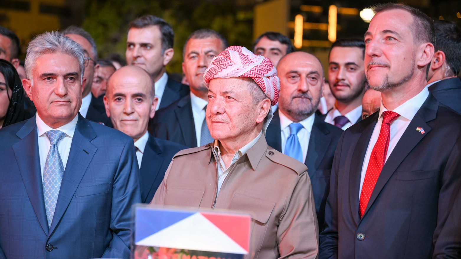 President Masoud Barzani (C), French Consul General Yann Braem (L) at the French National Day ceremony in Erbil. (Photo: Barzani HQ)