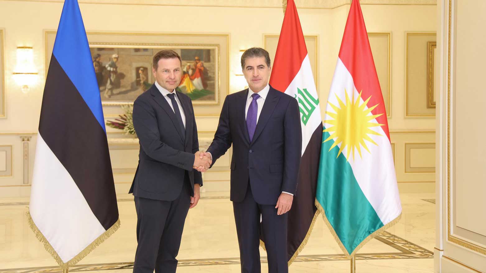 Kurdistan Region President Nechirvan Barzani welcomes Estonian Minister of Defense Hanno Pevkur, in Erbil, July 16, 2025. (Photo: Kurdistan Presidency Media)
