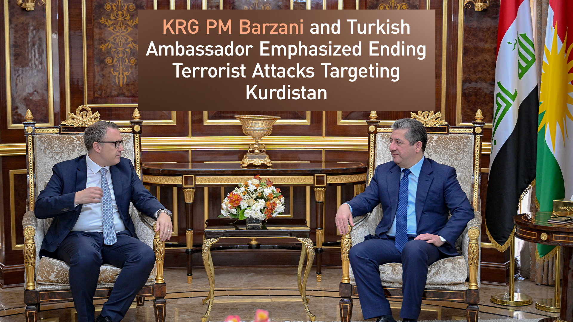 Kurdistan Region Prime Minister Masrour Barzani (R), Türkiye’s Ambassador to Iraq, Anil Bora Inan (L). (Photo: KRG)