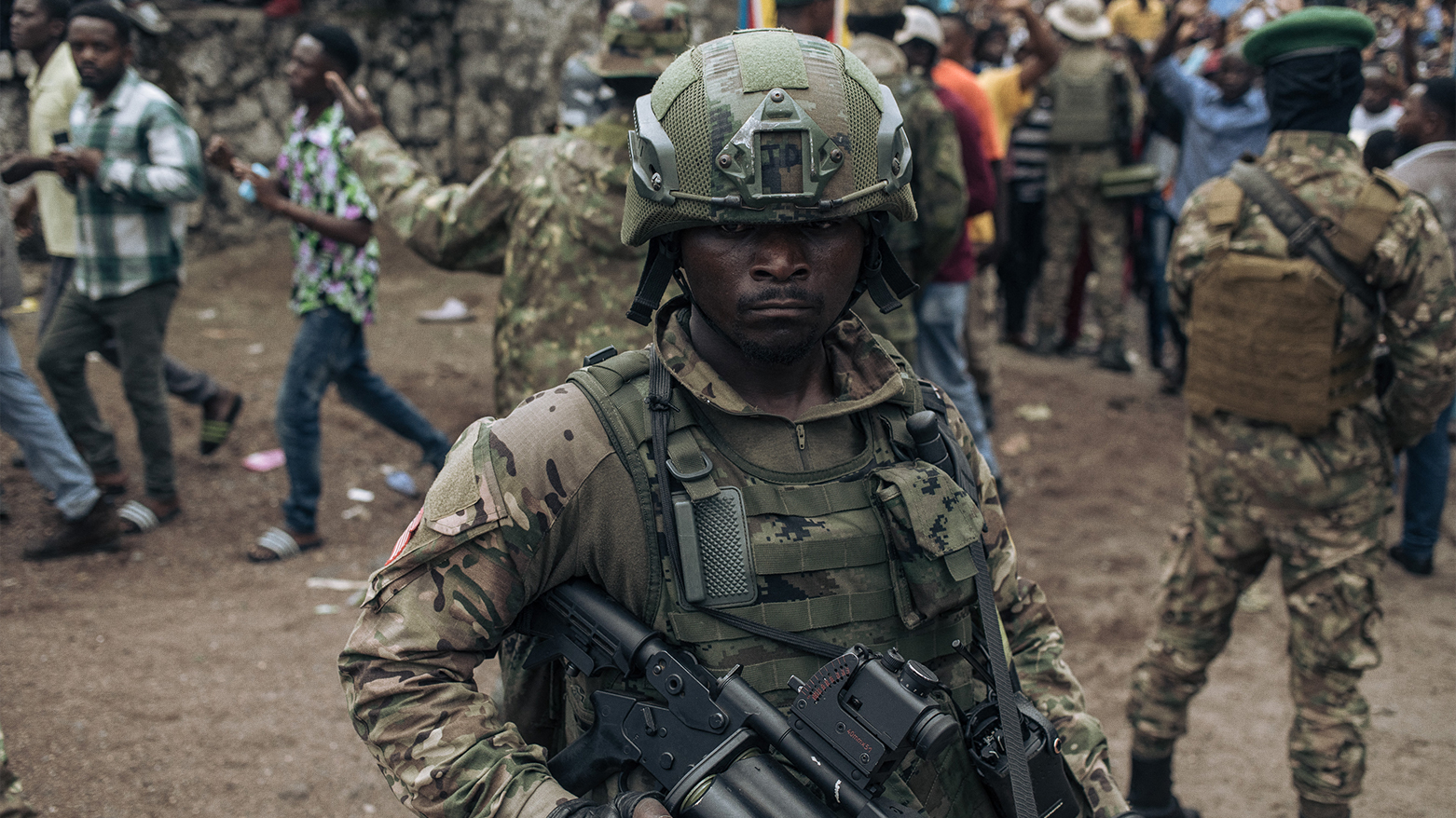 M23 soldiers are seen at the Stade de l'Unite' (Unity Stadium in French) in Goma on Feb. 6, 2025. (Photo: AFP)