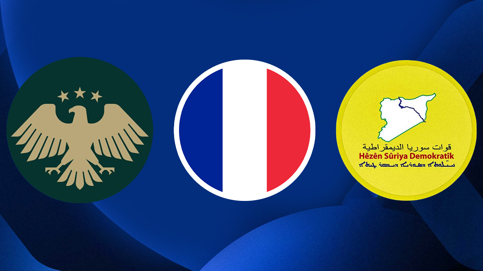 Syria's new Visual identity (L), France's flag (C), SDF's logo (R). (Graphic: Designed by Kurdistan24)