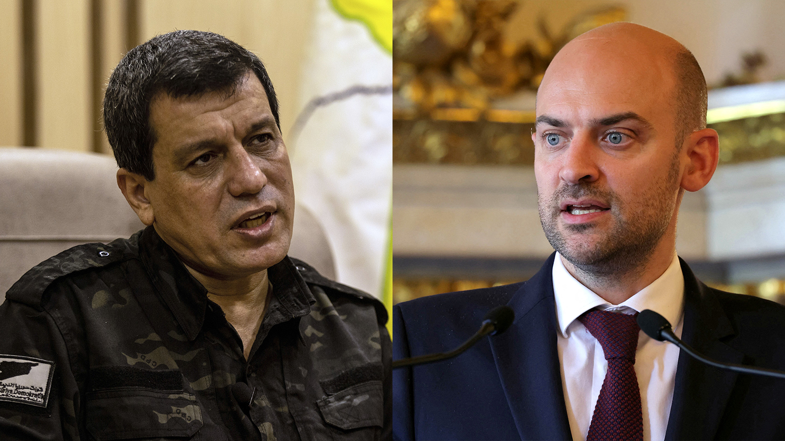 L-R: SDF Commander Mazloum Abdi and French FM Jean-Noël Barrot. (AP)