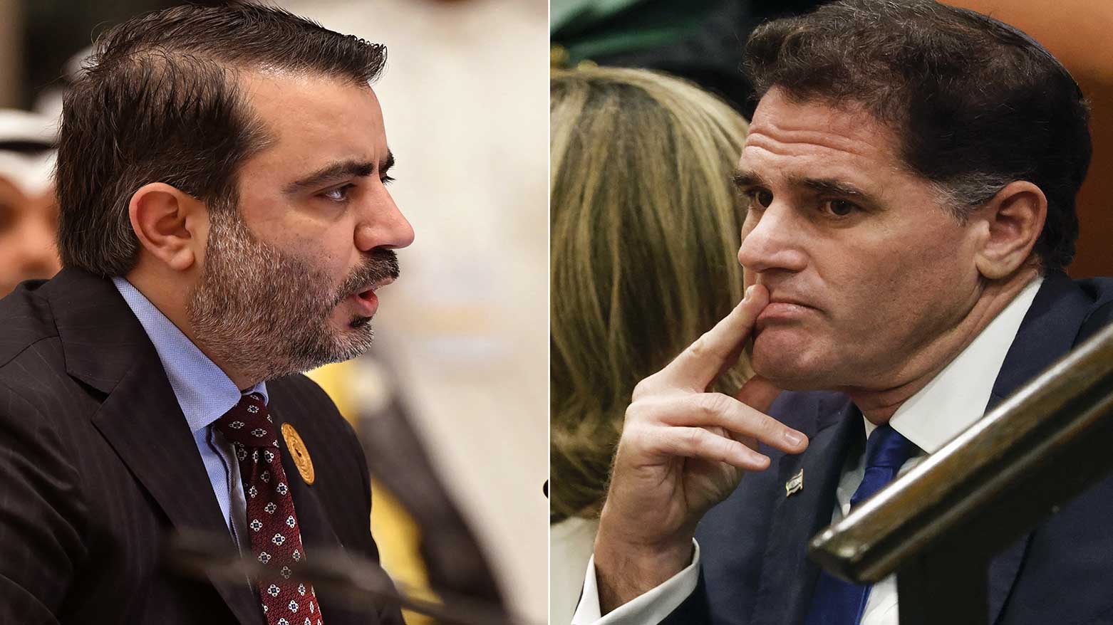 This combination of pictures shows Syria’s FM Asaad al-Shaibani, (L), and Israel’s Minister of Strategic Affairs, Ron Dermer.