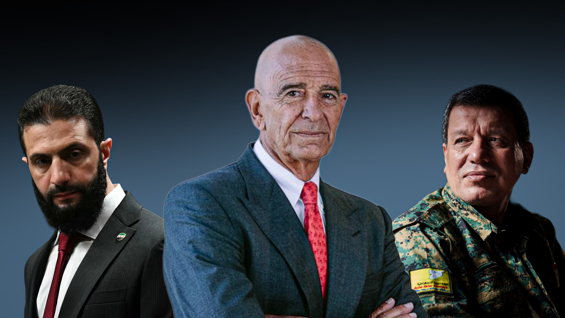 U.S. Ambassador to Türkiye and Special Envoy for Syria, Tom Barrack (C), Syrian Democratic Forces (SDF) Commander General Mazloum Abdi (R), Syrian interim President Ahmed Al-Sharaa (L). (Graphic: Designed by Kurdistan24)