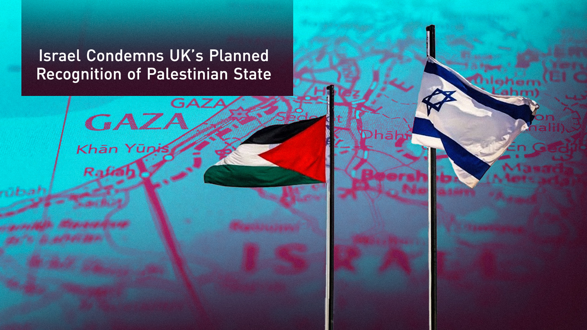 The Israeli flag (R), the  Palestinian flag (L), with a map of the both countries in the background. (Graphic: Designed by Kurdistan24)