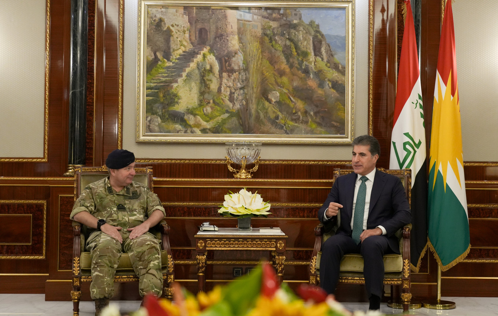 Kurdistan Region President Nechirvan Barzani, (R), receiving Vice Admiral Edward Ahlgren, Senior Adviser to the UK Ministry of Defense for the Middle East and North Africa, July 30, 2025.