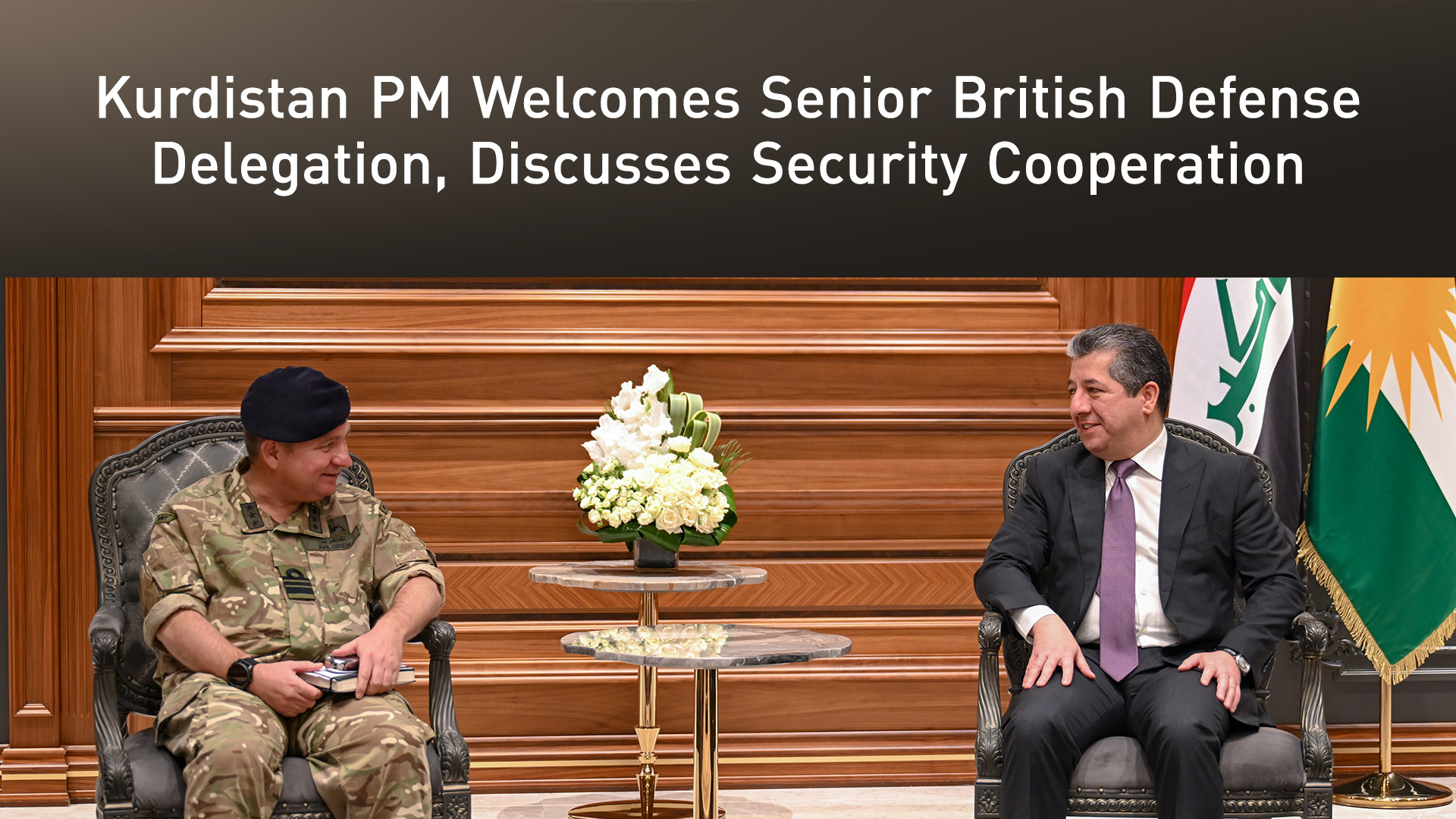 Kurdistan Region PM Masrour Barzani, (R), receiving Edward Ahlgren, the UK’s Senior Defense Advisor for the Middle East and North Africa, July 30, 2025. (Photo: KRG)