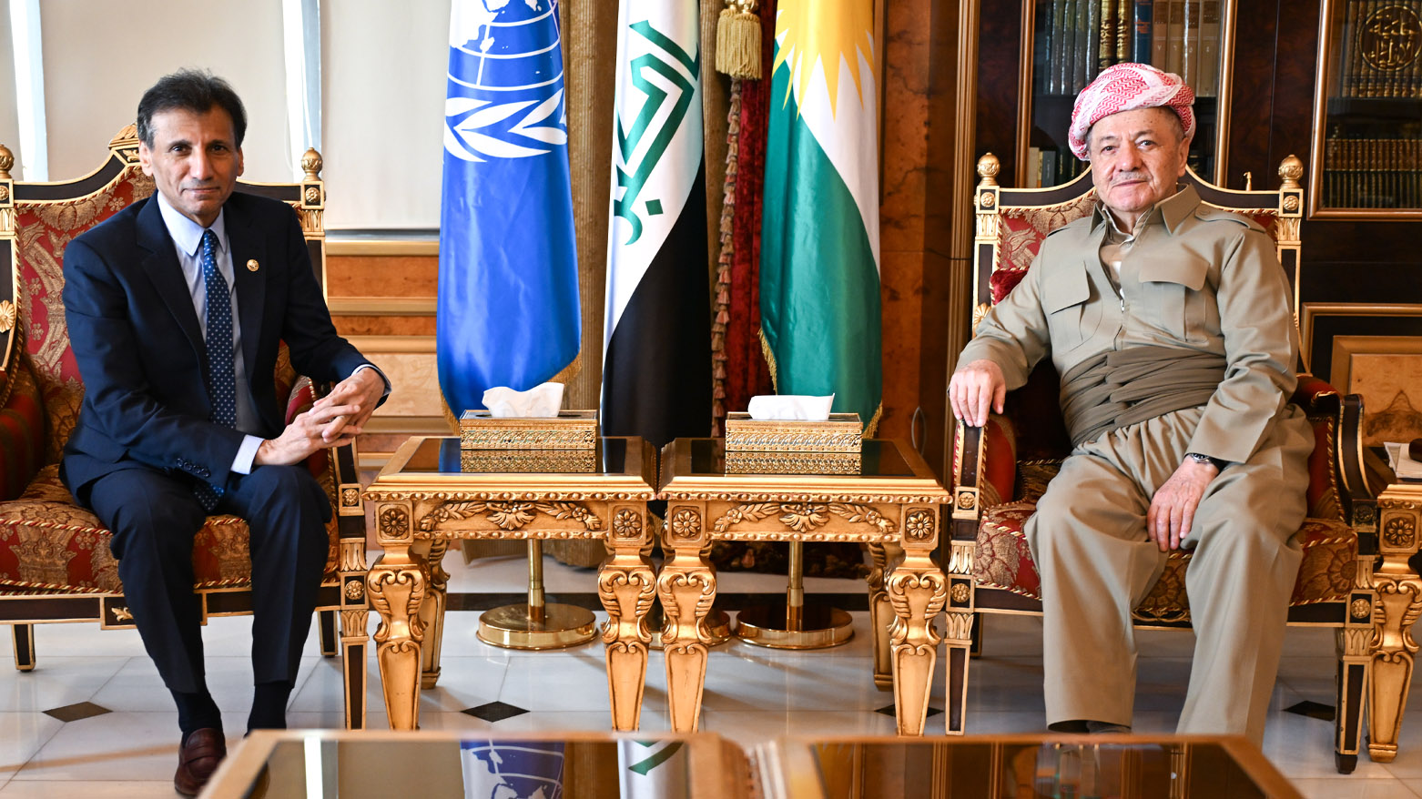 President Masoud Barzani (right) during his meeting with Mohamed al-Hassan, the Special Representative of the UN Secretary-General for Iraq and head of the UNAMI, July 30, 2025. (Photo: Barzani Headquarters)