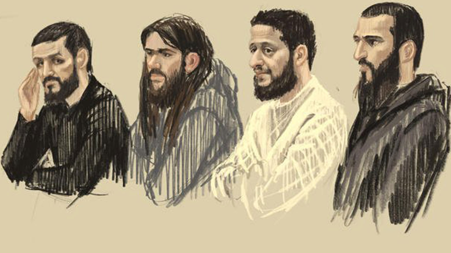 In this courtroom sketch, defendants from left, Mohamed Abrini, Osama Krayem, Salah Abdeslam and Sofiane Ayari look out from a specially designed glass box during the trial for the Brussels attacks, Dec. 5, 2022. (Photo: AP)