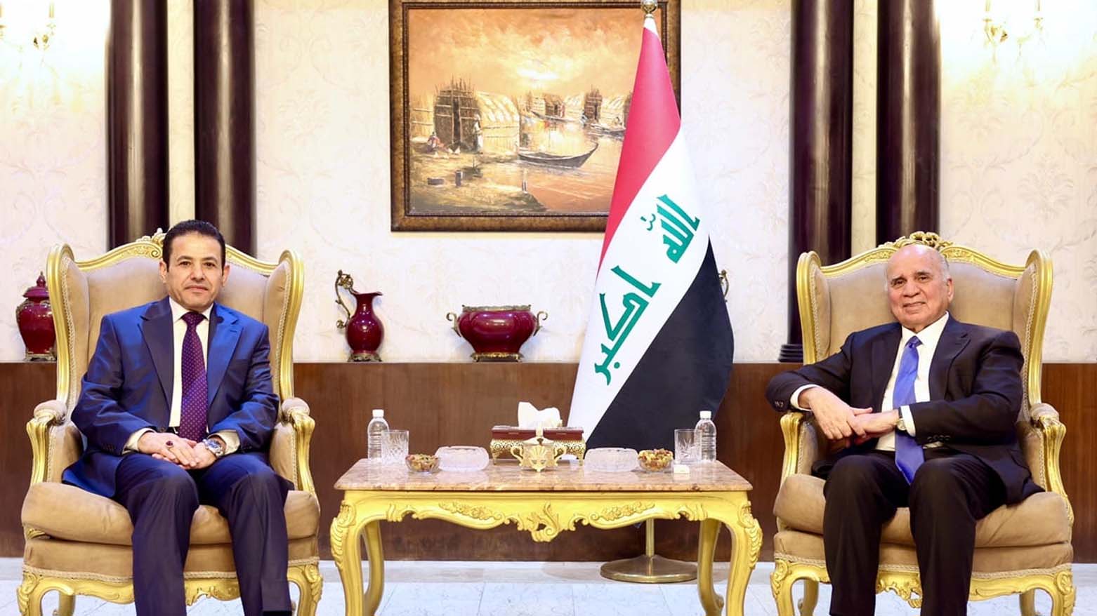 Iraq’s DPM and Minister of Foreign Affairs Fuad Hussein, (R), receiving Iraq's National Security Advisor Qassem al-Araji, in Baghdad, August 2, 2025. (Photo: Iraq's FM)