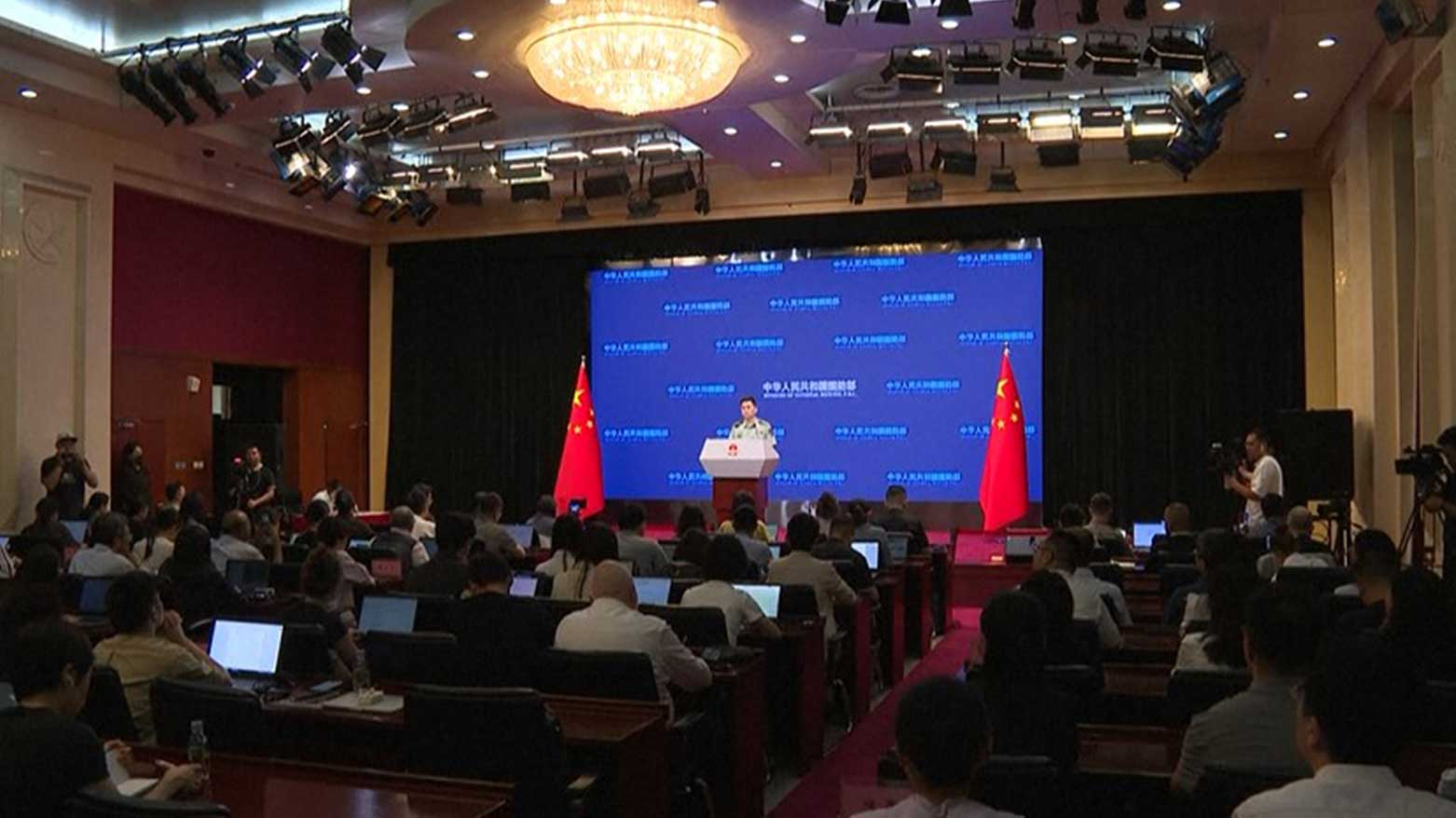 The Chinese defense ministry spokesperson Zhang Xiaogang, speaking at a press conference, July 30, 2025. (Photo: AFP)