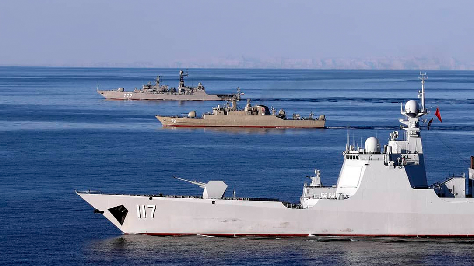 This Dec. 28, 2019 photo shows Iranian, Russian, and Chinese warships during joint naval drills in the Sea of Oman. (AP)