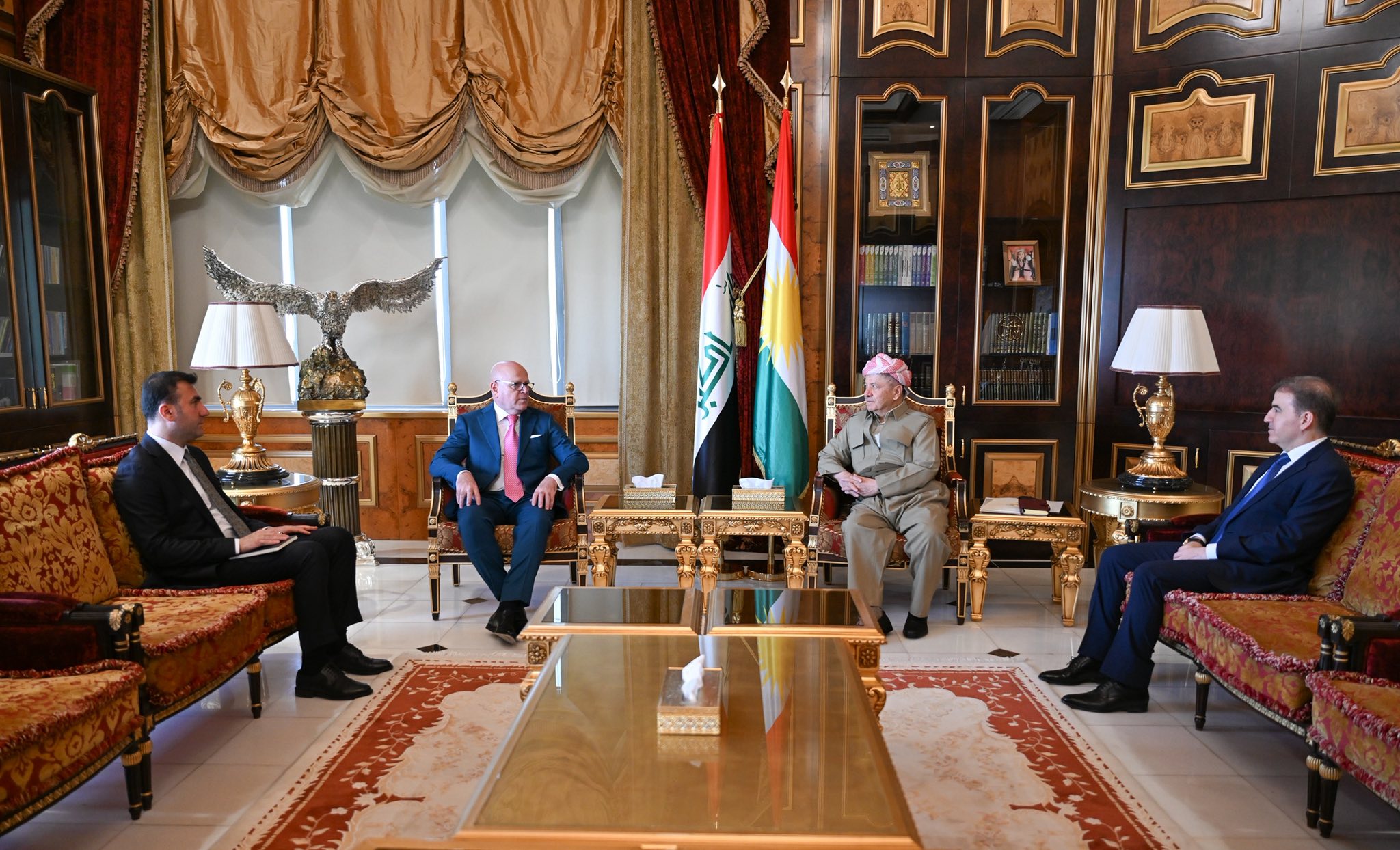 President Masoud Barzani (top right) during his meeting Italian Consul General Tommaso Sansone, Aug. 3, 2025. (Photo: Barzani Headquarters)