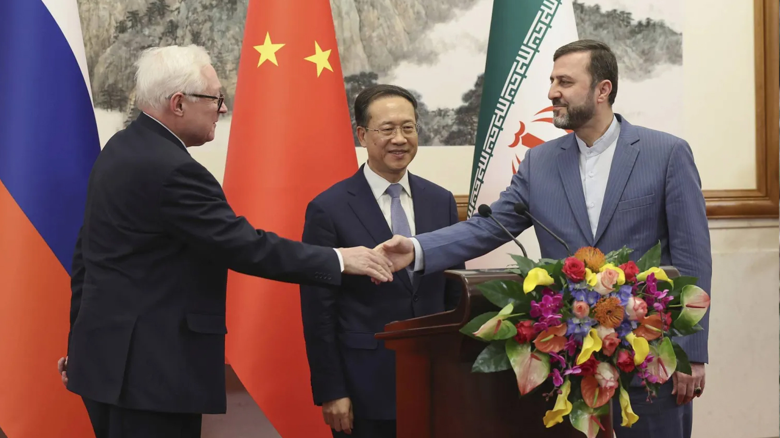 From left... Russian Deputy Foreign Minister Sergei Ryabkov, Chinese Deputy Foreign Minister Ma Zhaoxu, and Iranian Deputy Foreign Minister Kazem Gharibabadi during a press conference after their meeting in Beijing on Mar. 14, 2025. (Photo: AP)