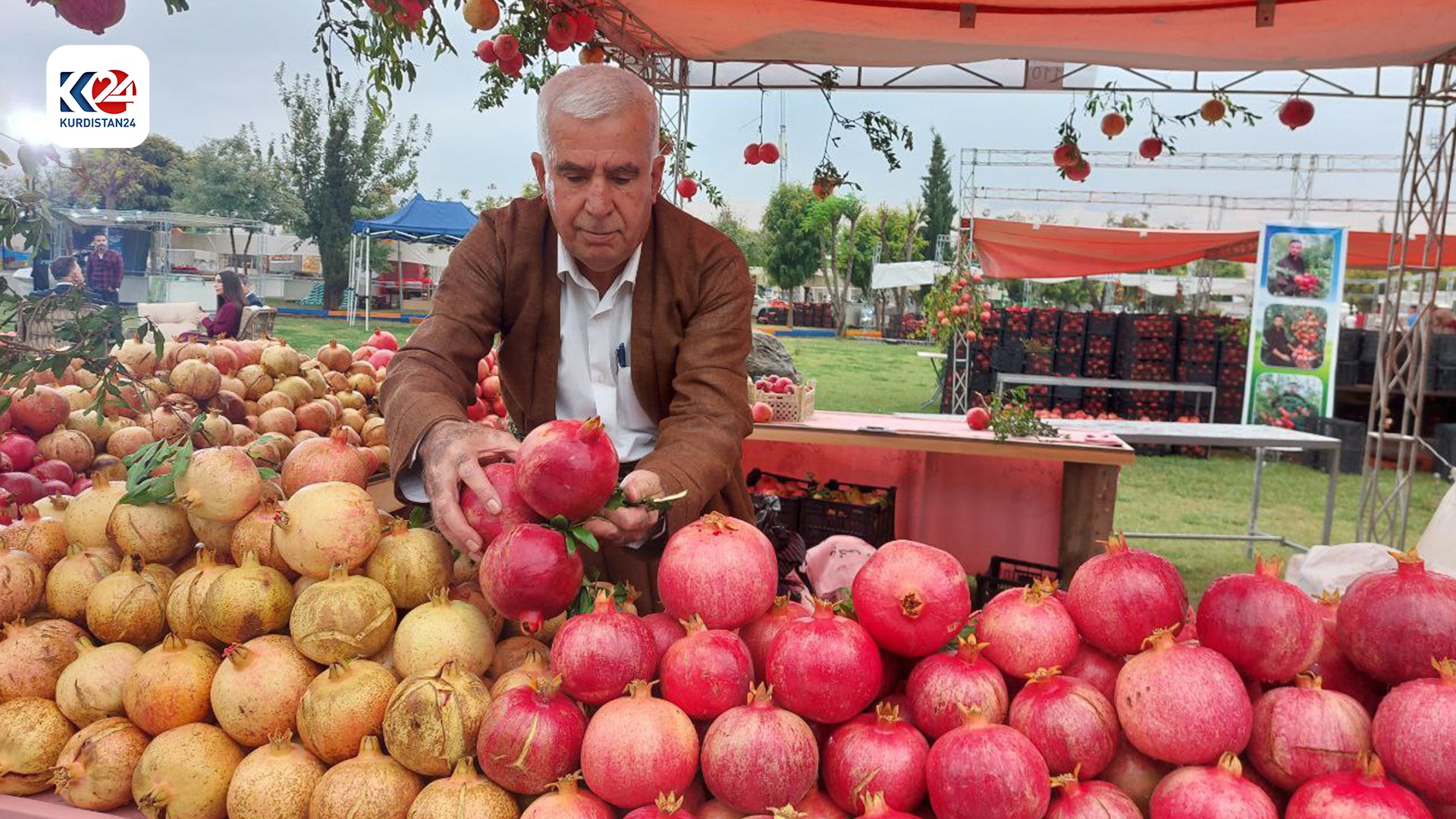 A Kurdish farmer displaying pomegranates at the 9th Halabja Pomegranates and Autmn Festival, Nov. 2, 2023. (Photo: Kurdistan 24)