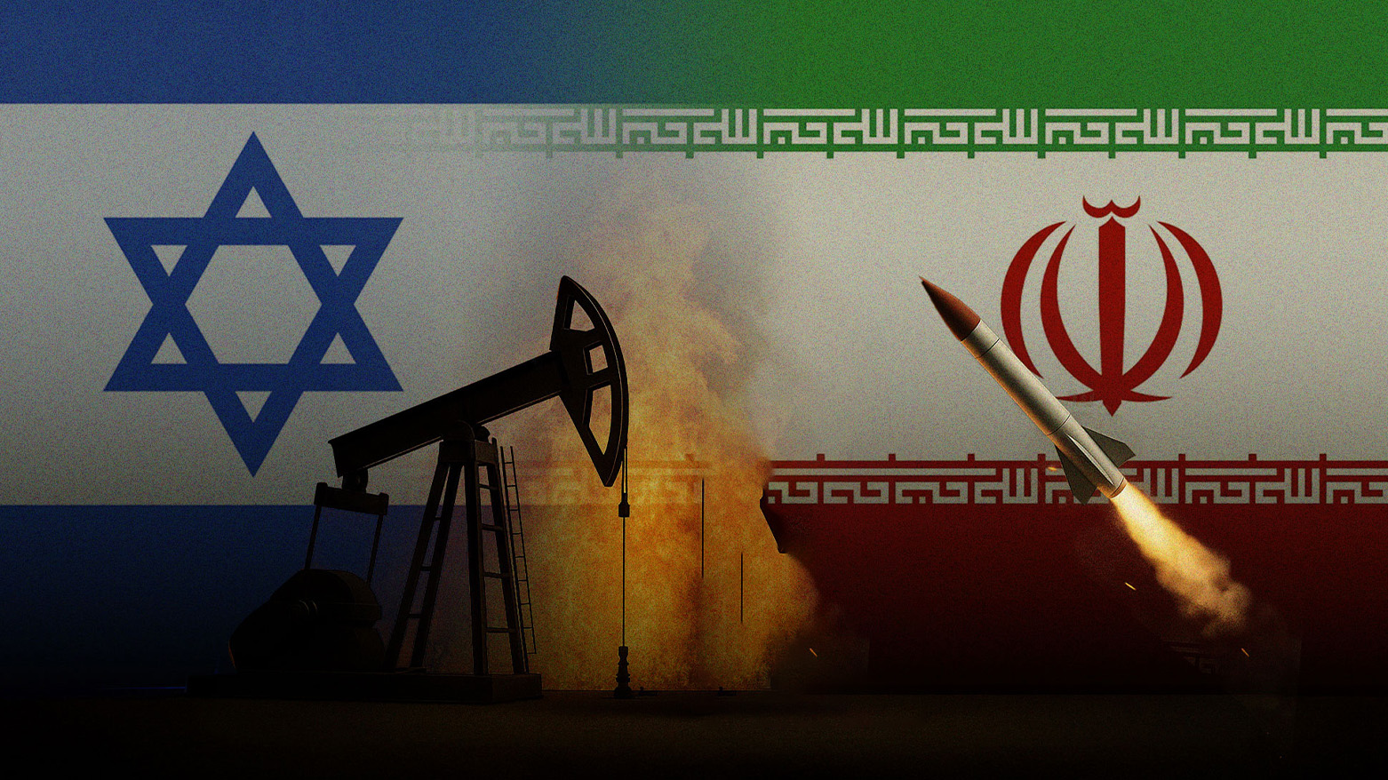 Israeli flag and an Oil drill (L), Iranian flag and a missile (R). (Graphic: Designed by Kurdistan24)
