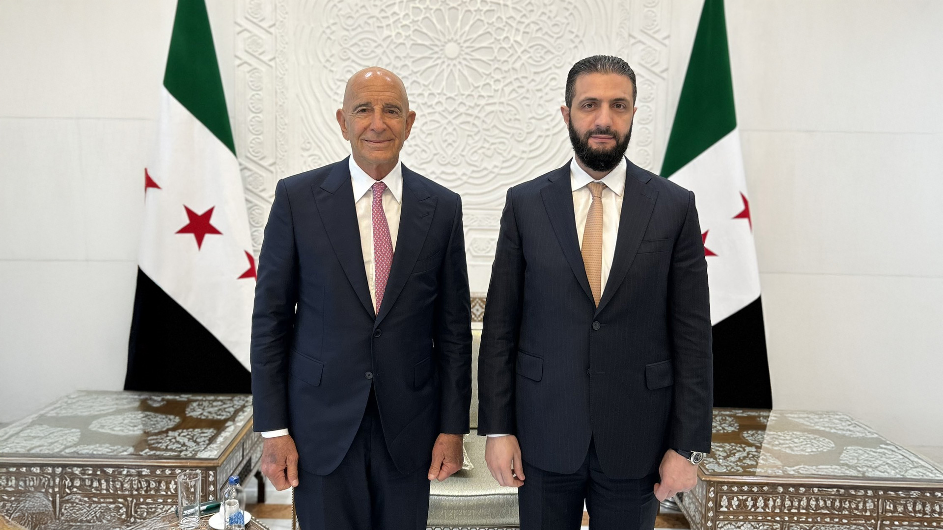 The United States Ambassador to the Republic of Türkiye and Special Envoy for Syria, Tom Barrack (L), Syrian Interim President Ahmed al-Sharaa (R). (Photo: Tom Barrack's X)