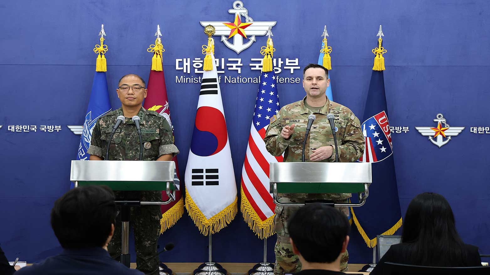 Col. Lee Sung-jun,(L), PA director of South Korea's Joint Chiefs of Staff, and Col. Ryan Donald, PA director of the UNC, CFC, and USFK, a press briefing of the Ulchi Freedom Shield 2025 exercise at the Defense Ministry in Seoul, Aug. 7, 2025.