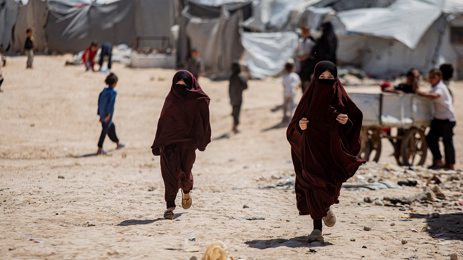 Children run in al-Hol camp housing ISIS families, Hasakeh, Syria, April 19, 2023. (AP)