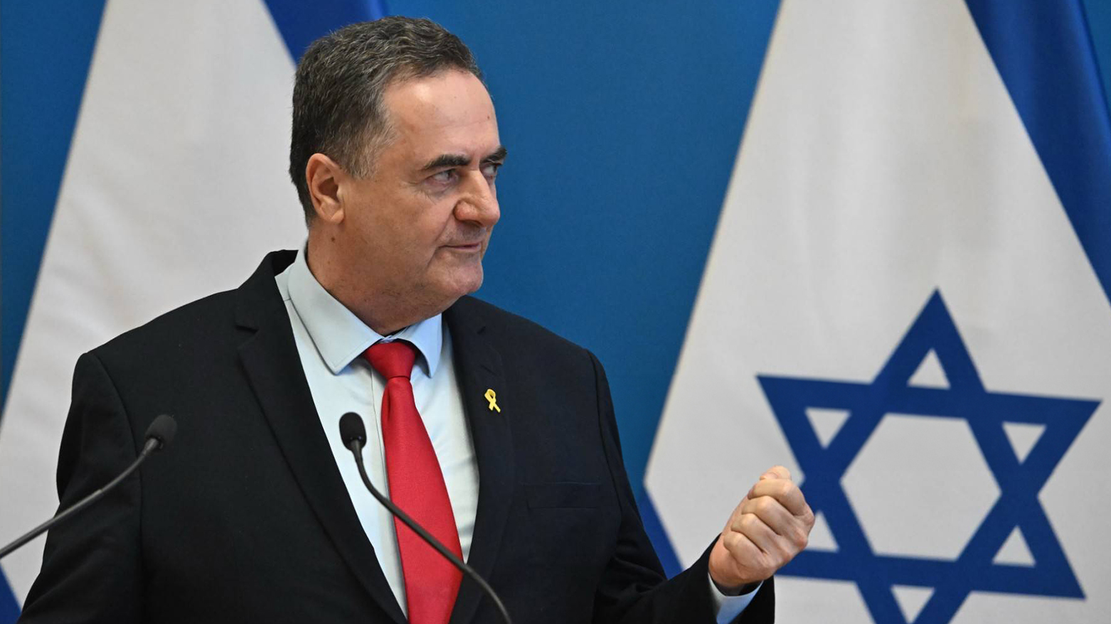 Israel's Foreign Minister Israel Katz gestures as he speaks during a joint press conference with his host Hungary's Foreign Minister at the Foreign Office in Budapest, Hungary, on June 17, 2024.  (AFP)