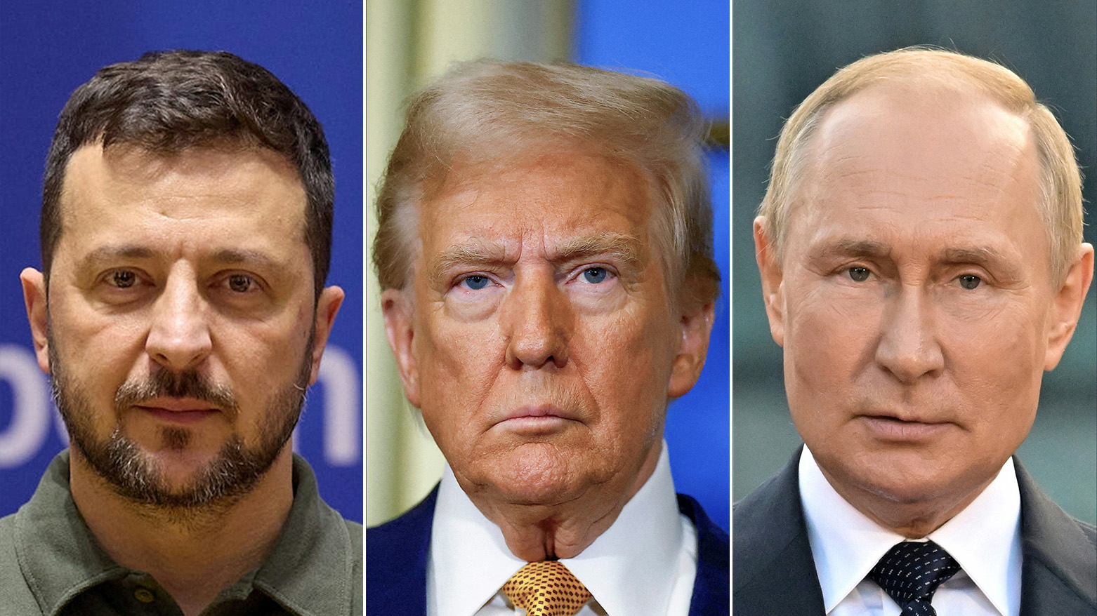 Ukrainian President Volodymyr Zelensky (L) , US President-elect Donald Trump (C), Russian President Vladimir Putin (R). (AFP)