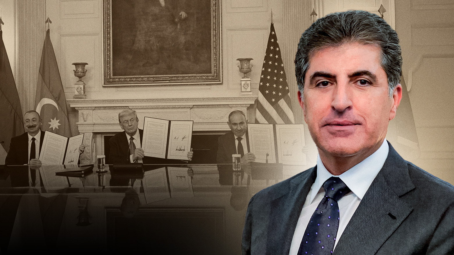 Kurdistan Region President Nechirvan Barzani with the Azerbaijan-Armenia U.S.-brokered peace accord ceremony in the background. (Photo: Kurdistan24)