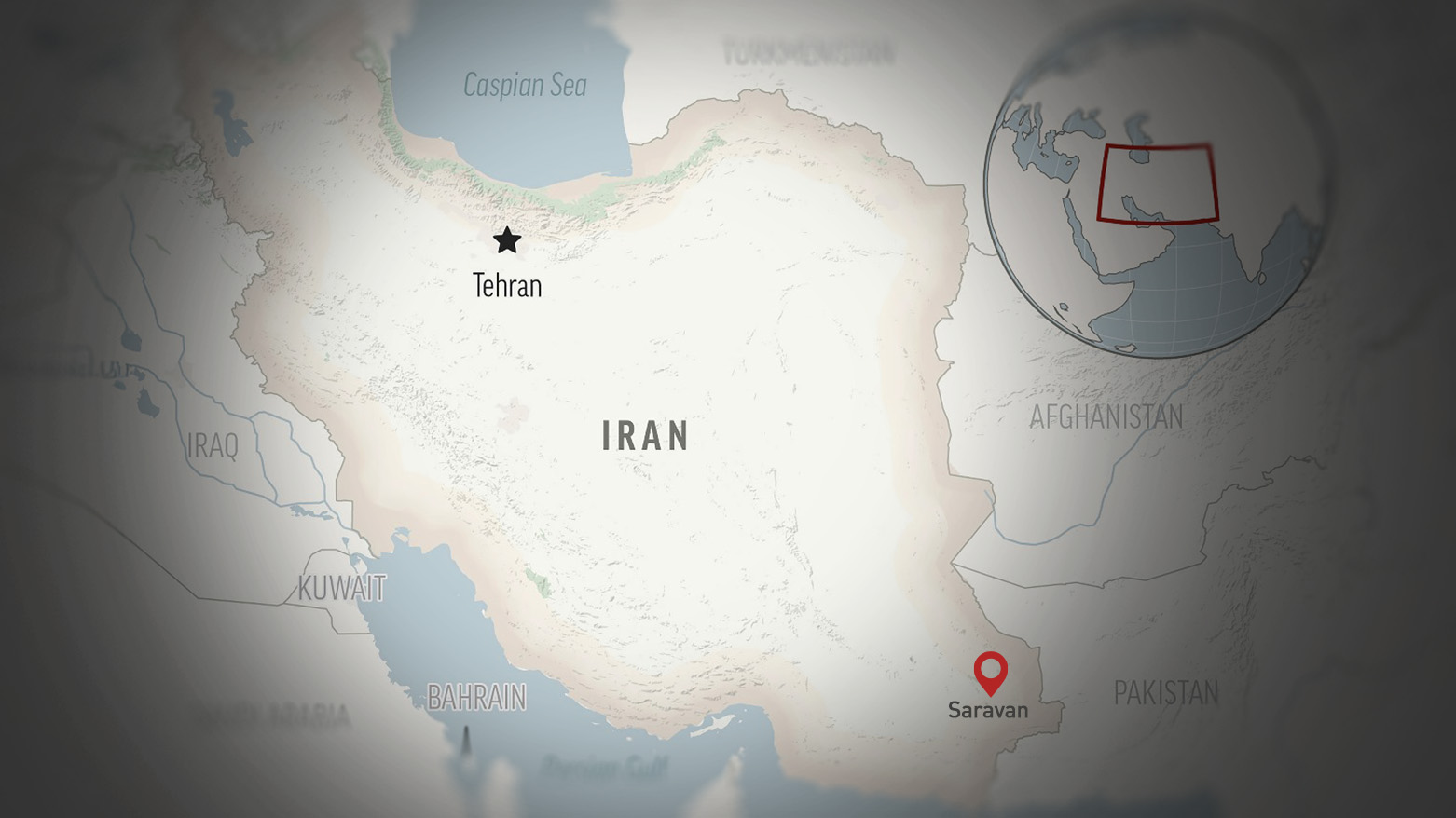 The photo depicts a map of Iran highlighting the location of Saravan city. (Photo: AP; edited by Kurdistan24)