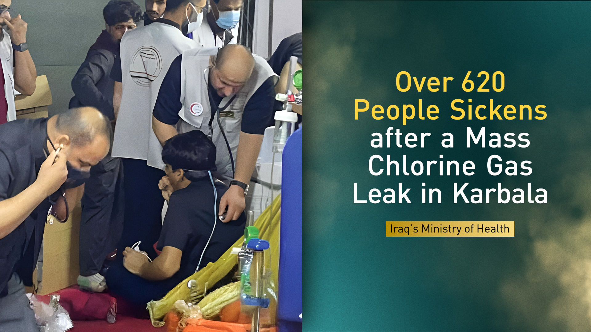 Hospital staff install oxygen masks on those suffering from chlorine gas poisoning. (Graphic: Designed by Kurdistan24)