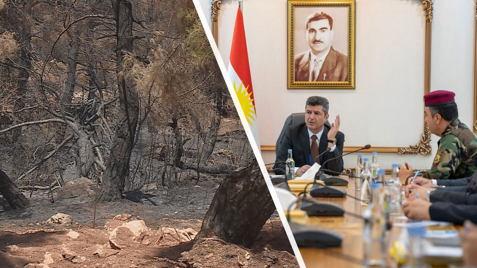 The photo shows a provincial meeting (R) and the aftermath of the Zawita fires (L). (Photo: Kurdistan24)