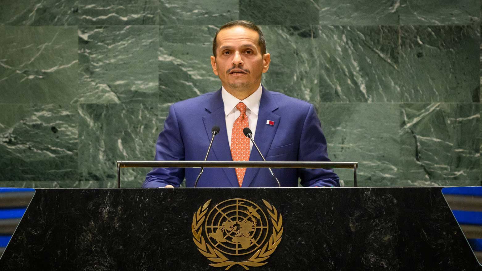 Qatar’s PM and FM Sheikh Mohammed bin Abdulrahman bin Jassim Al Thani, speaking at the "Summit of the Future," Sep. 22, 2024. (Photo: Qatar's FM))