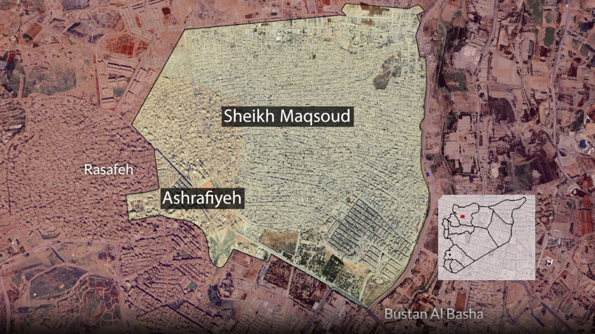 A photo showing the location of both kurdish Sheikh Maqsoud & Ashrafiyeh neighborhoods in Aleppo, Syria. (Graphic: Kurdistan24)