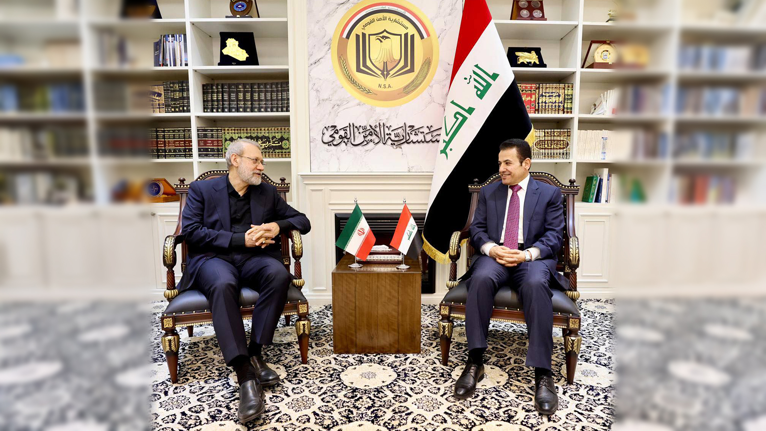 Qasim al-Araji, Iraq's NSA, (R), Ali Larijani, Iran's NSA, meeting in Baghdad, Iraq, August 12, 2025. (Photo: Iraq's NSA Media)