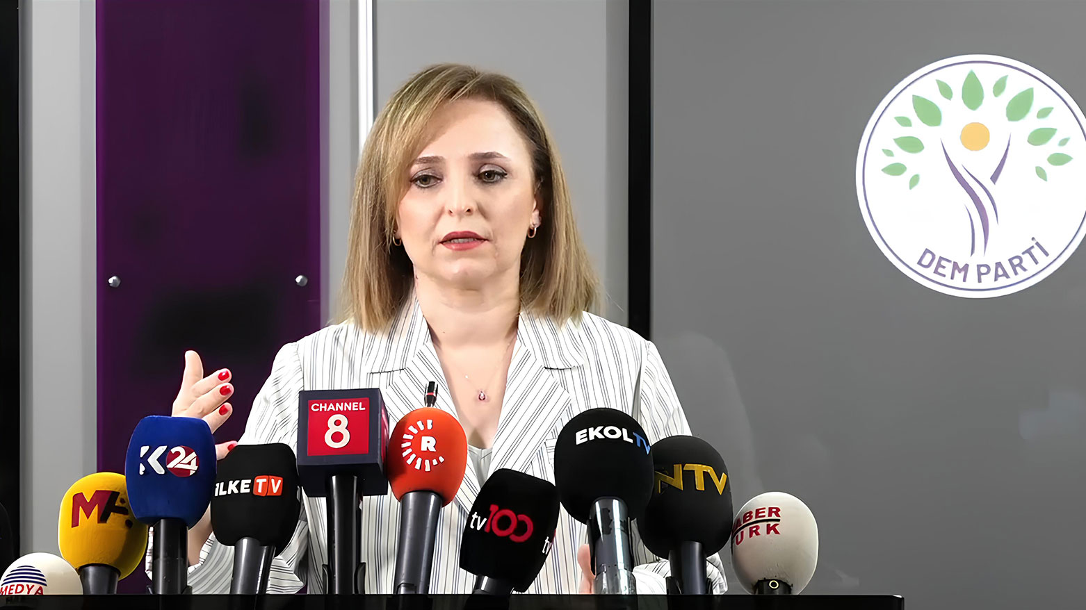 Peoples' Equality and Democracy Party (DEM Party) spokesperson Aysegul Dogan, speaking at a presser, Aug. 15, 2025. (Photo: Kurdistan24)