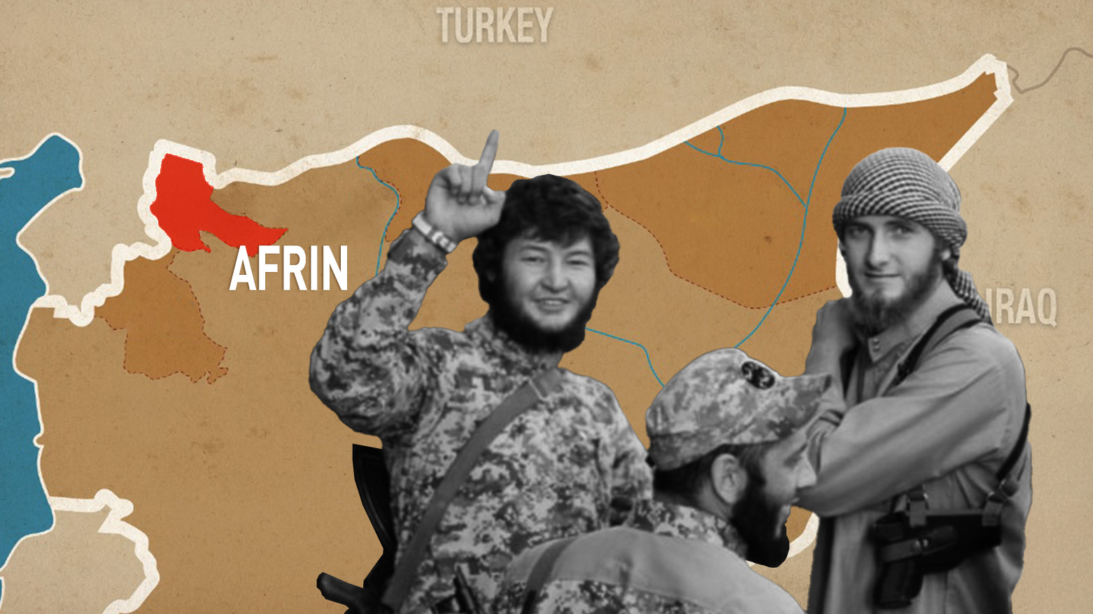 Three foreign fighters behind them is a map of Syria, with the region of Afrin highlighted in red. (Graphic: Kurdistan24)