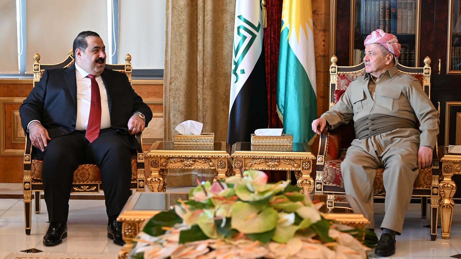 President Masoud Barzani, (R), receiving Muthanna al-Samarrai, leader of the Azm Alliance, in Erbil, Kurdistan Region, August 16, 2025.