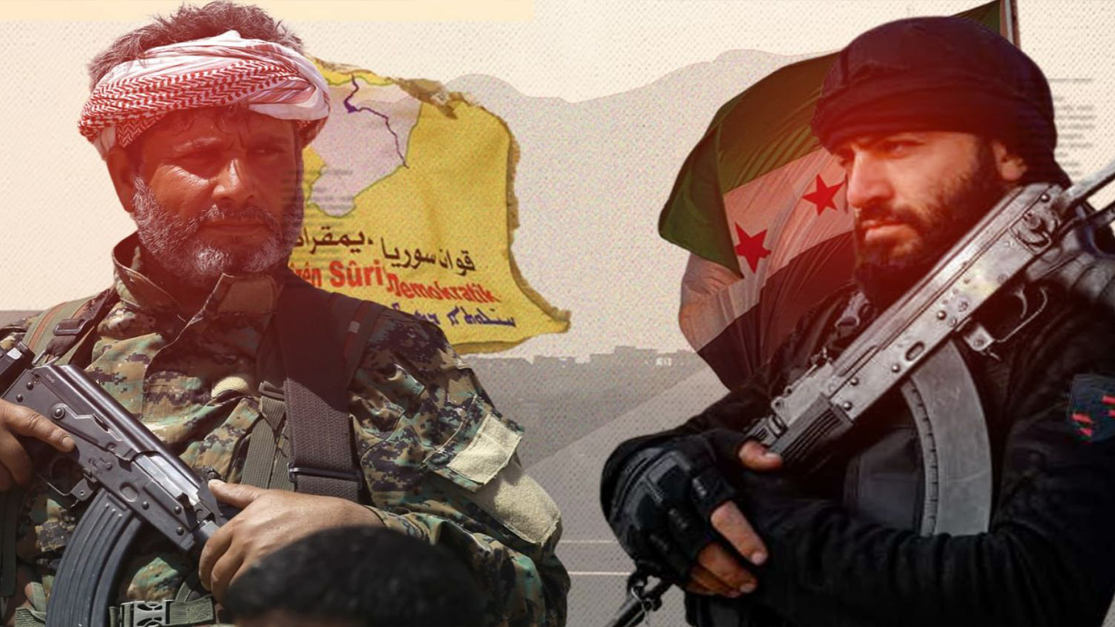 A fighter from the Syrian Democratic Forces (SDF) (L), and a fighter from the Syrian government public security forces (R). (Photo: Social Media)