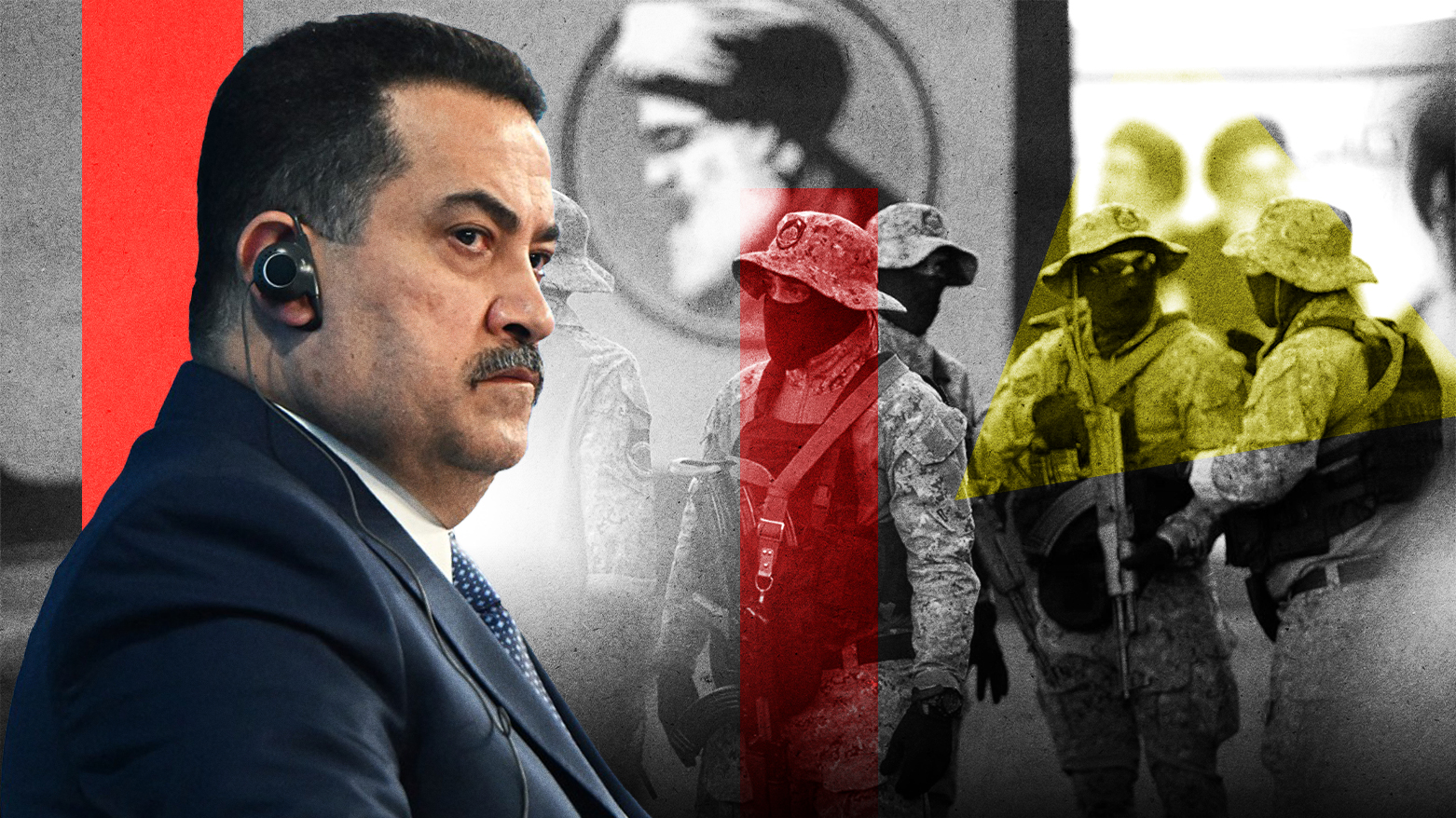 Iraqi PM Mohammed Shia al-Sudani with PMF members in the background. (Graphics: Kurdistan24)